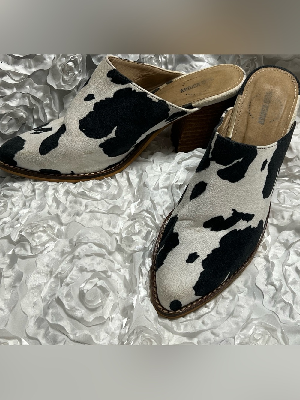 Arider Cowprint Slip-On Mule Heels in Black & White